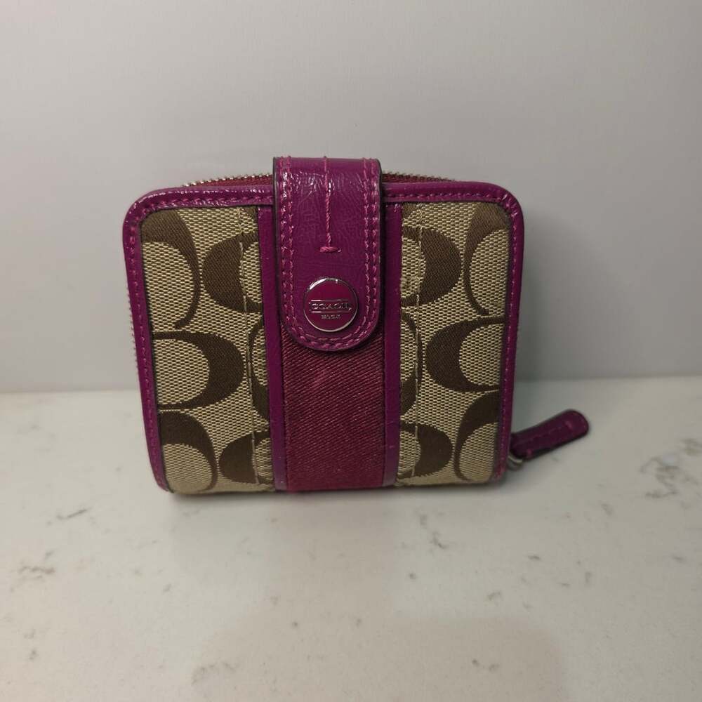 Coach Signature Stripe Medium Wallet Khaki Mulberry Pink